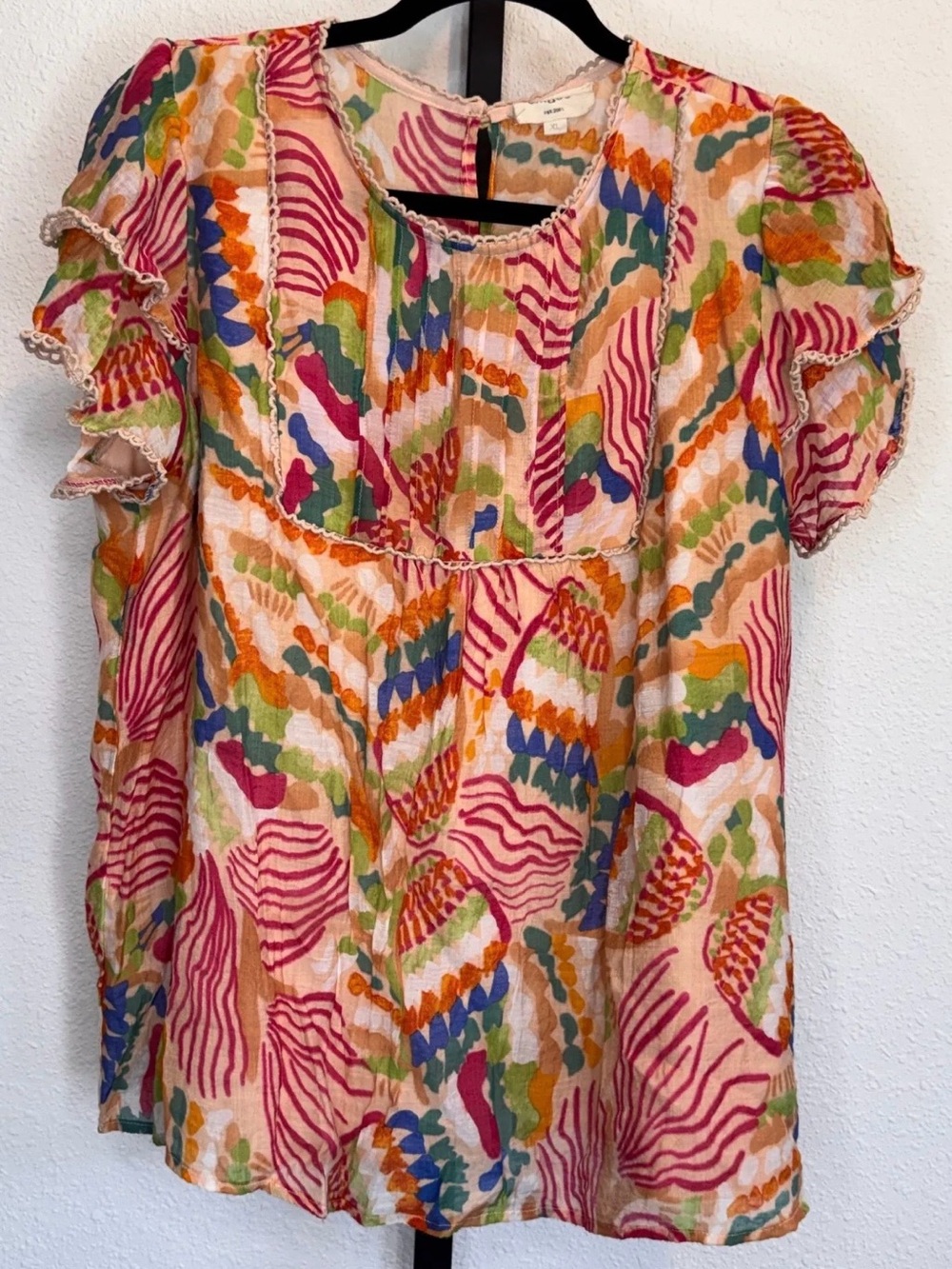 Umgee Boho Multi-Color Abstract Print Flutter Sleeve Top with Crochet Trim